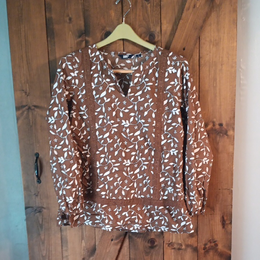 Lands' End Brown and White Floral Blouse